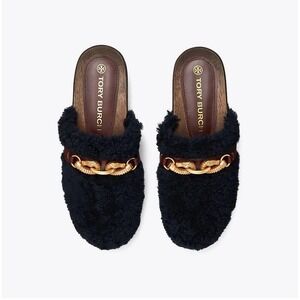 Tory Burch Jessa Clog Shearling Equestrian Gold Logo Black Leather Trim 7 360$‎